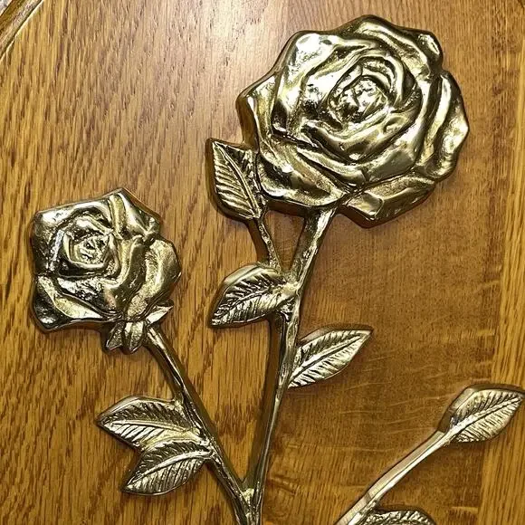 Vintage Brass Rose Floral Wall Art on Light Wood Oval Plaque Mid Century Style - Picture 6 of 7